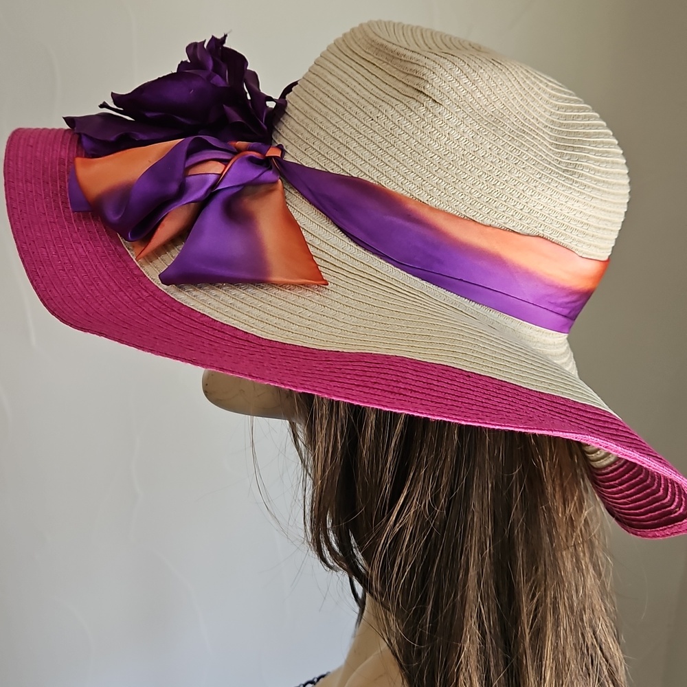 Cream w/ Silk Purple Flower Orange Purple Brim Hat
